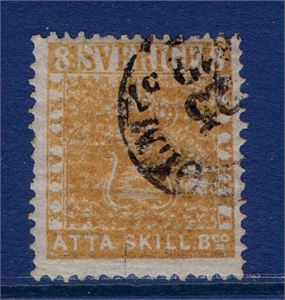 F4f g 8 skill bco orangegul stpl  Stockholm  25.12.1857 intyg OBE " mycket gott ex" 3.3.3 (F 9 500:-)