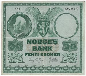 50 kroner 1964 Z. Erstatningsseddel. R seddel. Kv.1/1+