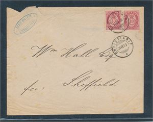 Nk 37 II i par på brev til England stemplet "CHRISTIANIA 28 IV 82", Noe frynsete oppe og bak