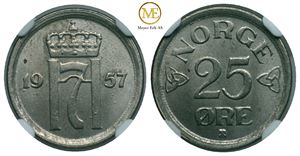 25 øre 1957 Haakon VII. Myntmerke på plate. Kv.0