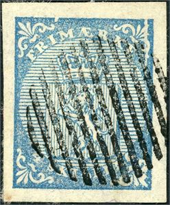 1. 4 skilling våpen 1855, variant "Sprukket plate" (D 16), annullert, med riststempel. Gode- til normale marger.