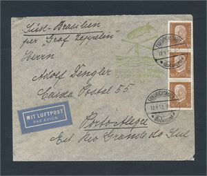 MOTIV: ZEPPELIN TYSKLAND Brev stemplet "FRIEDRICHSHAFEN 12.9.32" til Brasil + grønt stempel "SÜDAMERIKAFAHRT 1932"