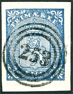 1. 4 skilling Våpen 1855, pent fullstemplet "253" (Sandefjord, VF) i svart. Gode marger.