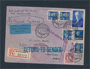 ZEPPELIN Rekbrev stemplet "KRISTIANSAND 2.5.36" sendt via "Hindenburg" til USA. En mengde stempler. Eier har laget liste over disse, ser det ut til