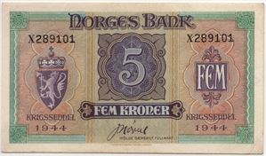 5 kroner 1944 X.289101. Kv.01