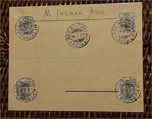 FINLAND 1890, Vapentyp m/89 2 p grå, fem ex på oadresserat brev, trespråkig stpl ÅBO 14.1.1901 dvs första
