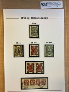 Fraktmerker: Samling Urskog - Hølandsbanen.  Samling 5 (6) ulike fraktmerker på egenonterte ark. Samt poststemplet klipp