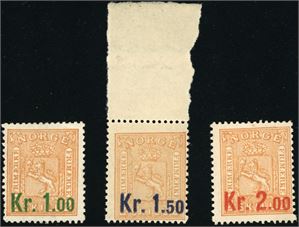 85 I/87 I. Kroneprovisorier i komplett serie. 1 kronen med en ørliten blyantpåskrift. (7.900,-).