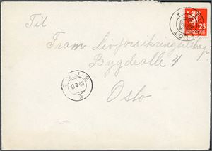 354. 25 øre Løve på konvolutt, anert med KPH "Evjeflot" og ved siden stemplet "Evje 13.7.48" (AA