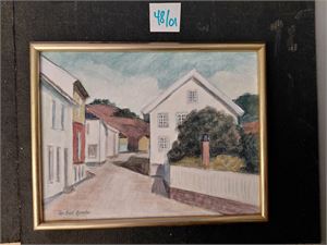 KUNST Ibsenhuset i Grimstad (Tor Bent Hjembo 1951-2017). Ferdig innrammet, 35 x 27cm