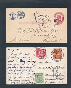 UNDERFRANKERTE POSTKORT Et fra Tyskland og et fra USA, begge til England 1913/1922