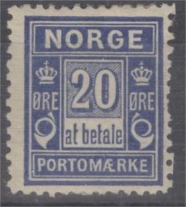 Portomerke NK 6 y *  20øre ultramarinblå med stående vm.  Medf. Uttalelse fra H.J.Enger.  "originalgummi med hengsel/kleberester"