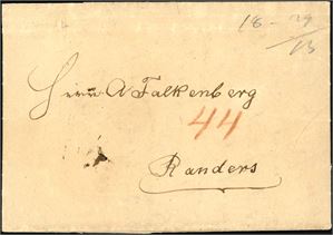 Komplett, delvis ubetalt brev fra Walløe Saltværk (nær Tønsberg) til Randers, Danmark 24. september 1847. Satt i porto med totalt 44 Rbs. En liten skade i øvre, venstre hjørne.