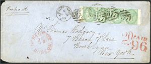 72. GB. 4/- postage to U.S.A. 1/- Emboessed in a strip of four on an envelope, cancelled "Whitehaven Ap 9 58, 877" and sent to New York. Handwritten "Prepaid" in upper left corner and two red postmark "Br. Paquet Boston" and "96c" and "2c" beside.
