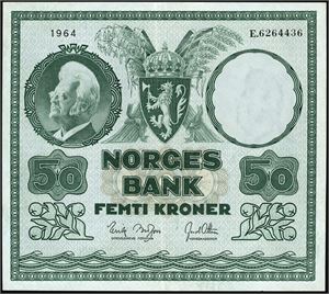 50 kroner 1964, serie E.6264436. Svak gulig flekk på revers. 01