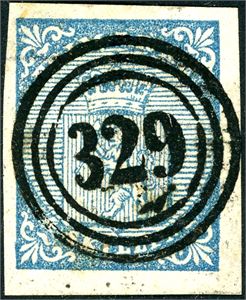 1. 4 skilling våpen 1855, anert med et pent "329" (Vadsø, FI). To gode- og to normale marger.