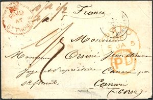 CC 1. DWI. The crowned circle handstamp in red on a small envelope to Corsica, France. British "Paid 5 Ja 1857" and French "Amb. Calais" also on the front."St. Thomas De 15 1855", "Paris" and arrival cds at reverse. A small part of the reverse is missing.