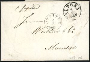 Ufrankert brev, stemplet "Altona 2.7" og sendt til Mandal. Ved siden skipsstempel "Jupiter 4.7.1863".
