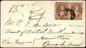 DWI. 6d New Zealand i horzontal pair on envelope to Hamilton, Canada , sent via Panama and DWI. "N.Z. Duenedin Se 3 67", "St. Thomas Oc 11 67" and "Montreal-Post-Office No 7 67" at reverse. The envelope with a tear from middle of the top and approx 2 cm into the envelope, but this do not affect the stamps, and it is still a nice impression. Ex K.Klugman.