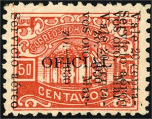 D 120. Honduras. Official stamp air mail provisional (Scott 36b, Sanabria 42c). Fine mint example with double surcharge reading down (25 stamps issued of all three types listed in Sanabria on total). Photocertificate Moorhouse.