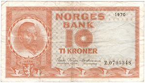 10 kroner 1970 Z.0795348 erstatningsseddel. Kv.1-