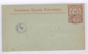 Bypost Drammen Bypost IV.  Konvolutt m/påtrykt 5 øre frim: KO 2c.  Stemplet med 2-rings stempel og påført dato 6/8-88 med sort blekk inne i stempelet.  Adressen er uleselig.  Ørliten brett