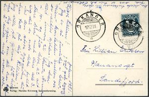 388. 10 øre Posthorn på postkort, annullert med hjelpestempel "Orkanger 17.12.51" (ST).