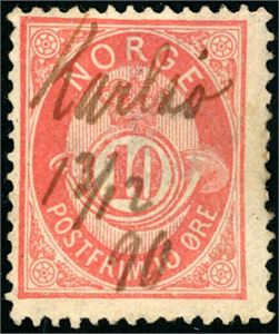 53 IV. 10 øre 20 mm, annullert med håndskrevet "Karlsø 13/12 90". Noe gult papir.