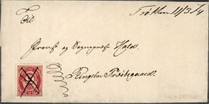 18. 3 skilling posthorn på komplett brev, annullert med blekkryss og ved siden håndskrevet "Trøtten 11/3 74" og sendt til Ringebu.