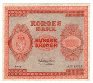 100 kroner 1945 A.5385555. Kv.01
