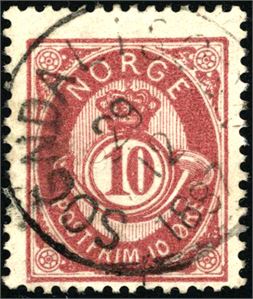53 IIc. 10 øre20 mm, stemplet "Sogndal i Sogn 19.12.1887". ex. Loe.
