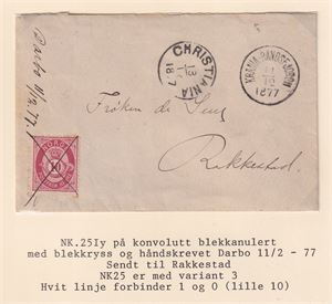Håndskrevet Darbo 11/12-77 håndskrevet på brev med NK 25 (blekkkrysset) , sidest. Kra-Randsf. II 11-12-1877 og Christiania 13-12-1877