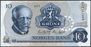 10 kroner 1977, serie QO 0771895. Erstatningsseddel. 0