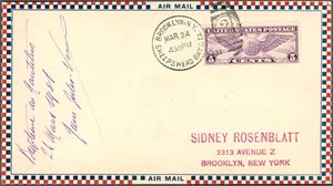 One US 5 c stamps on envelope, cancelled "Brooklyn , N.Y. Sheepshead Baysta. Mar 24". On the left side is the signature of the grandson of Jules Verne at the christening of the Nautilus from "O-12" for the Wilkins Ellsworth Nautilus Expedition 1931.