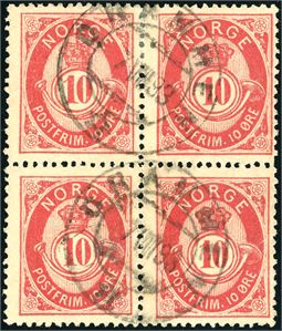 53 VII. 10 øre 20 mm i 4-blokk, stemplet "Drammen 7.8.93".