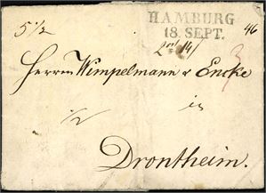 Komplett brev, stemplet "Hamburg 18. Sept." og sendt til Trondhjem i 1835. Baksiden med linjestempel "Greifswald". Brevet med noe mindre slitasje i kantene.