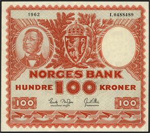 100 kroner 1962, serie I.0488489. 1+/01