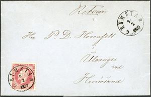 5. 8 skillings porto til Sverige. 8 skilling Oscar på komplett brev til Hernøsand, pent stemplet "Grimstad 9.2.1859". Ankomststemplet ""Hernøsand 25 2" på baksiden.