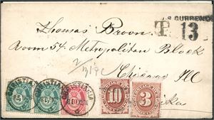 42,43. To 5 øre- og en 10 øre 21 mm på konvolutt til Chicago, stemplet "Christiania 6.12.84". Ved siden stemplet en "T 13 currency" og påsatt et 3 c og et 10c amerikansk "Postage Due"-merke. Baksiden stemplet "Chicago Unpaid Sep 23 84".