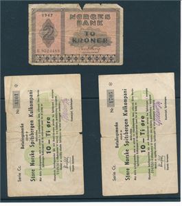PENGESEDDEL 2 kroner 1947 + 2 10øre Spitsbergen Kulkompani. Alle har vært brukt mange ganger
