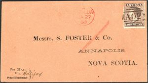 DWI. 1d Antigua on envelope, cancelled with rare "A 02" and "Antigua Ja 27 68" cds in red beside, and sent to Nova Scotia. Transitt cds "St. Thomas ja 29 68" at reverse. Ex K. Klugman.