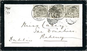 Z 21. DWI. 18d postage to Ireland. Three 6 d on envelope, cancelled duplex "St. Thomas Paid B 15 Mr 75", and sent to Ramsey. Arrival postmark at reverse. The envelope miss one flap.