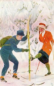 Postkort. Par på skitur. A. Block