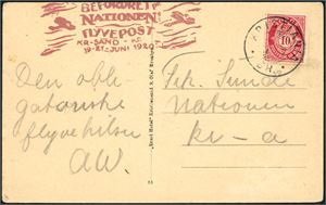 100. 10 øre Posthorn på postkort, stemplet "Kristiania 22.6.20". Ved siden stemplet "Befordret pr Nationen´s Flyvepost Kr-Sand-Kr. 19-21-Juni 1920" i fiolett farge.