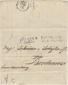 Prefil Brevomslag fra Christiania datert 11. mai 1829 til Bordeaux.  Med "Danemarck par Hambourg" "Allemagne par Givet" T.T.R.3 kartering og "Franco Hambourg".