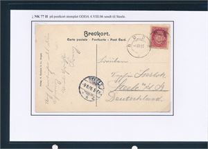 Nk 77 II på brevkort stemplet "ODDA 4 VIII 06" til Steele, Tyskland