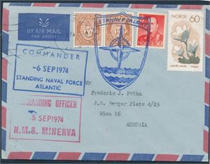 Brev stemplet i Stavanger + stempel fra "Standing Naval Force Atlantic" og "HMS Minerva 5 SEP 1974"