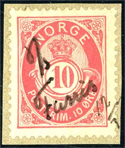 53 IId. 10 øre 20 mm på lite brevstykke, med håndskrevet dampsskipsanering "D/S Farris 12/7".