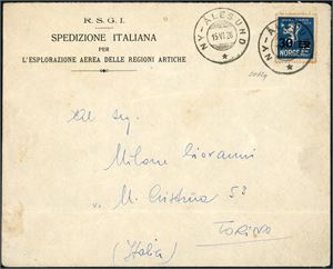 A Norwegian 15 øre Svalbard-stamps on an envelope from the "Spedizione Italiana", organisers of Umberto Nobile’s Italia airship expedition. Cancelled "Ny-Ålesund 15.6.28" and sent to Torino. Photo cert. G.C.Asinelli.