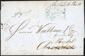 Komplett ubetalt brev, stemplet "Helsingør" i mars 1849 og sendt til Mandal via Helsingborg, Strømstad (stemplet), Svinesund (påskrevet forsiden) og stemplet "Arendal 14.3.1849" i sort på baksiden.